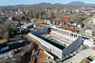 Construction continues on walls and roof of the Aquatic Center located on Main Street.—VMI Photo by H. Lockwood McLaughlin.