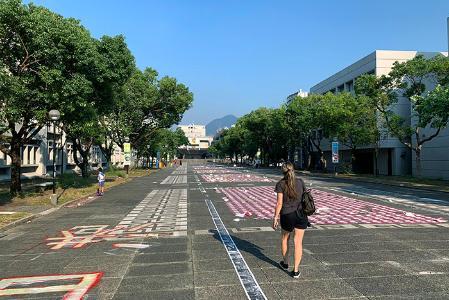 Col. Howard Sanborn’s wife, Jenny, walks through the campus of the Chinese University of Hong Kong, where leaflets and other protest art line the ground
