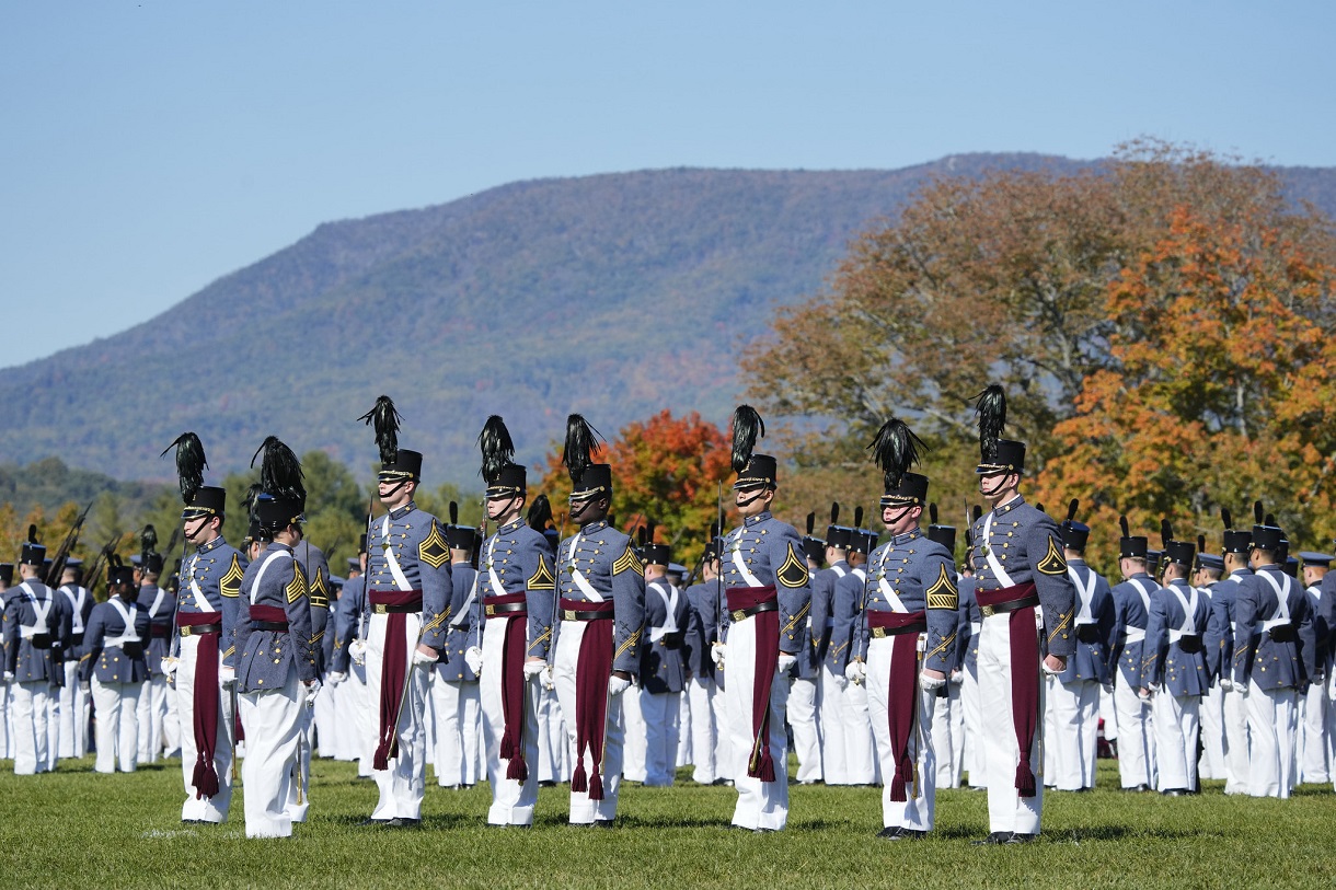 VMI students, known as cadets at this military college, march in a parade during Family Weekend.